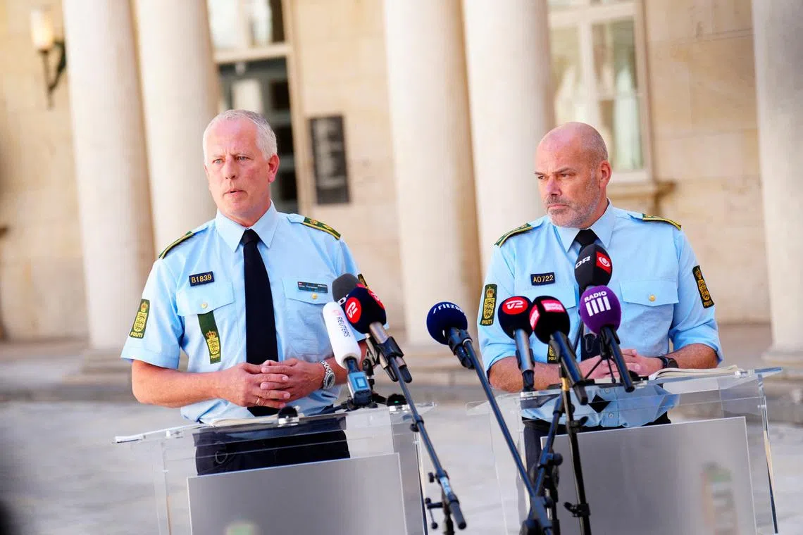 Chief Police Inspector Soeren Thomassen and Police Inspector Mads Helios comment on reports on drone observations over Copenhagen Airport last year, at a press briefing at the Police Headquarters in Copenhagen, Denmark, June 25, 2026.  Ritzau Scanpix/Ida Marie Odgaard via REUTERS