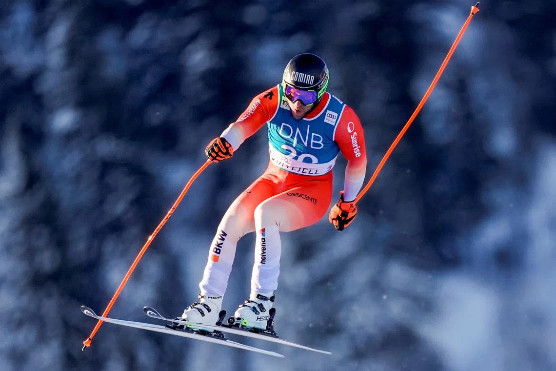 FILE PHOTO: Alpine Skiing - FIS Alpine Ski World Cup - Kvitfjell, Norway - February 17, 2024 Switzerland's Justin Murisier in action during the men's downhill.   Stian Lysberg Solum/NTB via REUTERS/File Photo