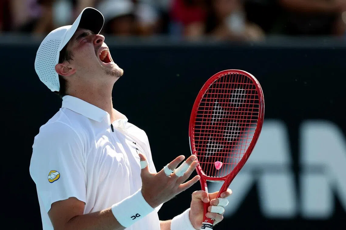 Tennis - Australian Open - Melbourne Park, Melbourne, Australia - January 20, 2026. Brazil's Joao Fonseca reacts during his first round match against Eliot Spizzirri of the U.S. REUTERS/Edgar Su