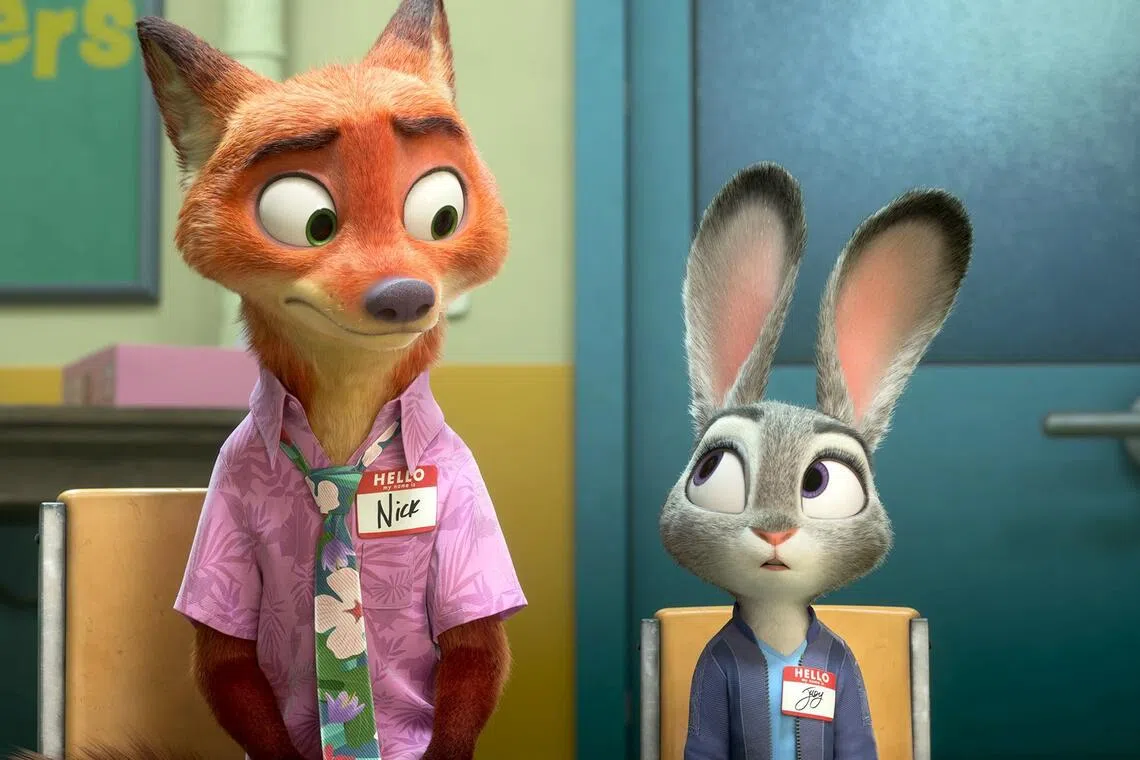 From left: Nick Wilde (voiced by Jason Bateman) and Judy Hopps (voiced by Ginnifer Goodwin) in Zootopia 2.
