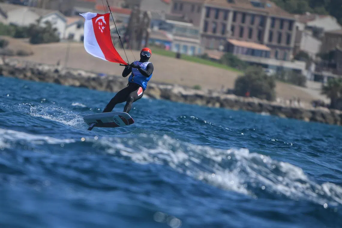 Singaporean Maximilian Maeder clinched bronze in the Olympics men’s kite final at the Marseille Marina on August 9, 2024.