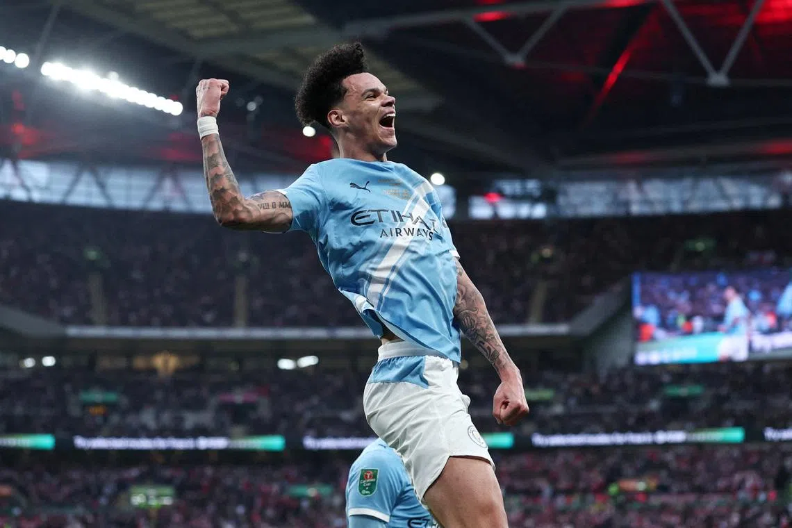 Soccer Football - Carabao Cup - Final - Arsenal v Manchester City - Wembley Stadium, London, Britain - March 22, 2026 Manchester City's Nico O'Reilly celebrates scoring their second goal REUTERS/David Klein