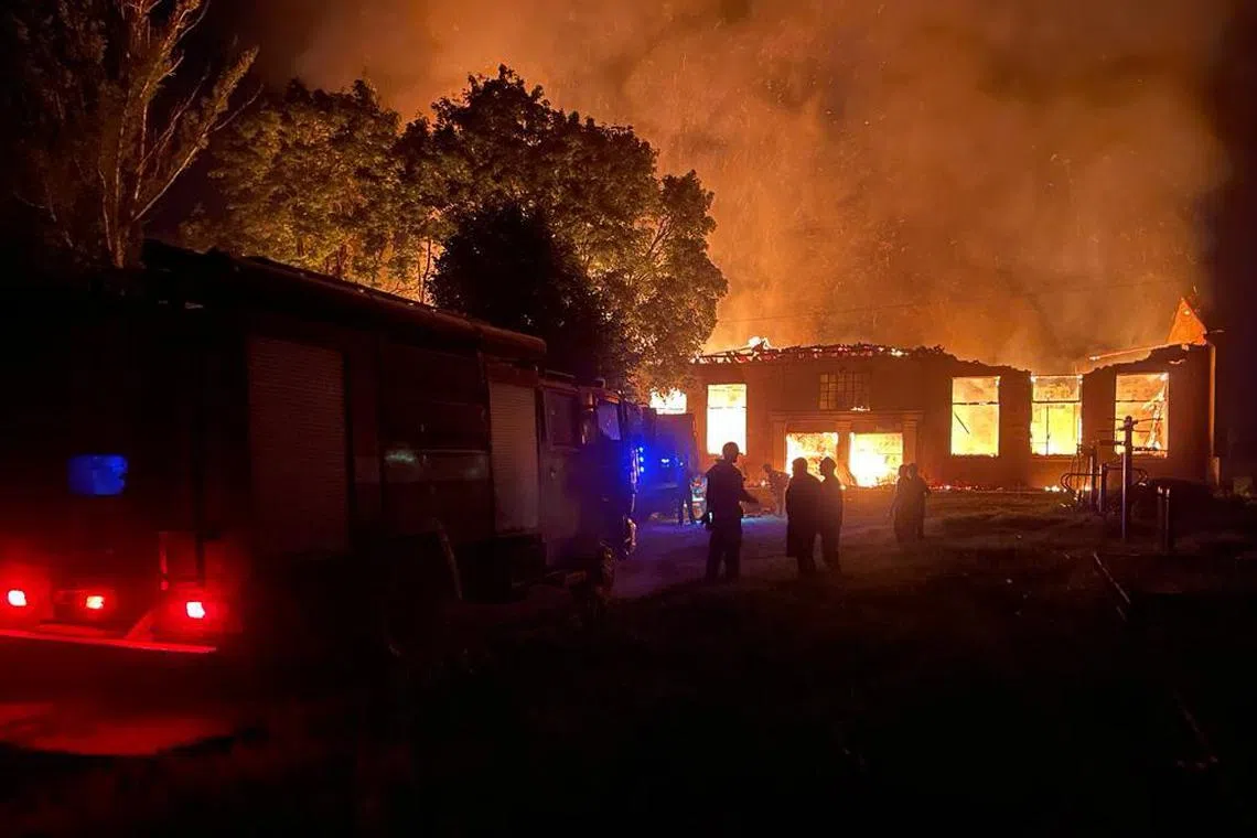 Ukrainian President Volodymyr Zelensky said rescue workers were extinguishing a fire at the scene and described the strike as a “war crime.”