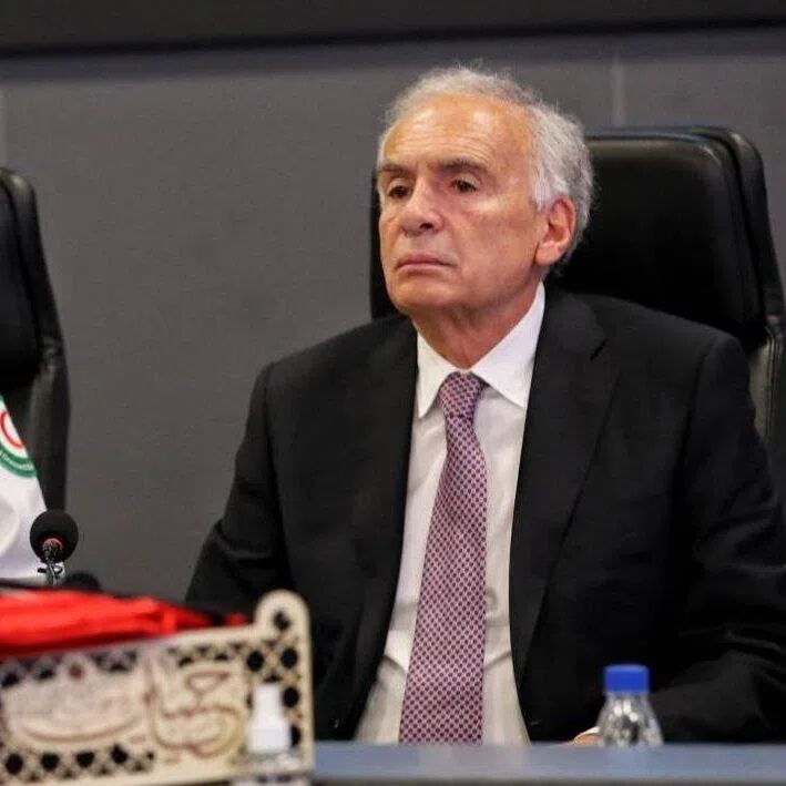 Red Crescent Society president Pirhossein Kolivand (left) and UN envoy Jean Arnault in a photo posted on social media by the Iranian Red Crescent Society.