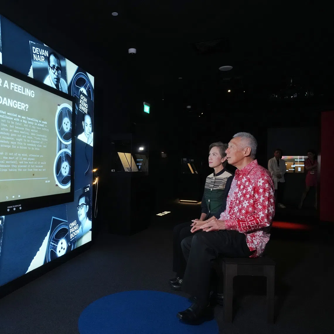 Senior Minister Lee Hsien Loong and Minister for Digital Development and Information Josephine Teo viewing an exhibit at the launch of the Albatross File book and exhibition at the National Library in Victoria Street on Dec 7. 