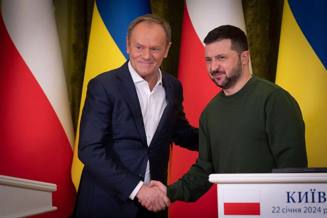 Poland's Prime Minister Donald Tusk (left) during visit to Kyiv and a meeting with Ukrainian President Volodymyr Zelensky.