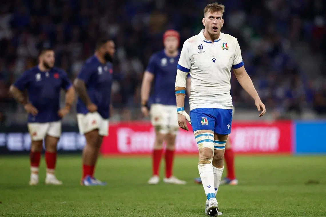 FILE PHOTO: Rugby Union - Rugby World Cup 2023 - Pool A - France v Italy - Groupama Stadium, Lyon, France - October 6, 2023 Italy's Federico Ruzza reacts REUTERS/Benoit Tessier/File Photo
