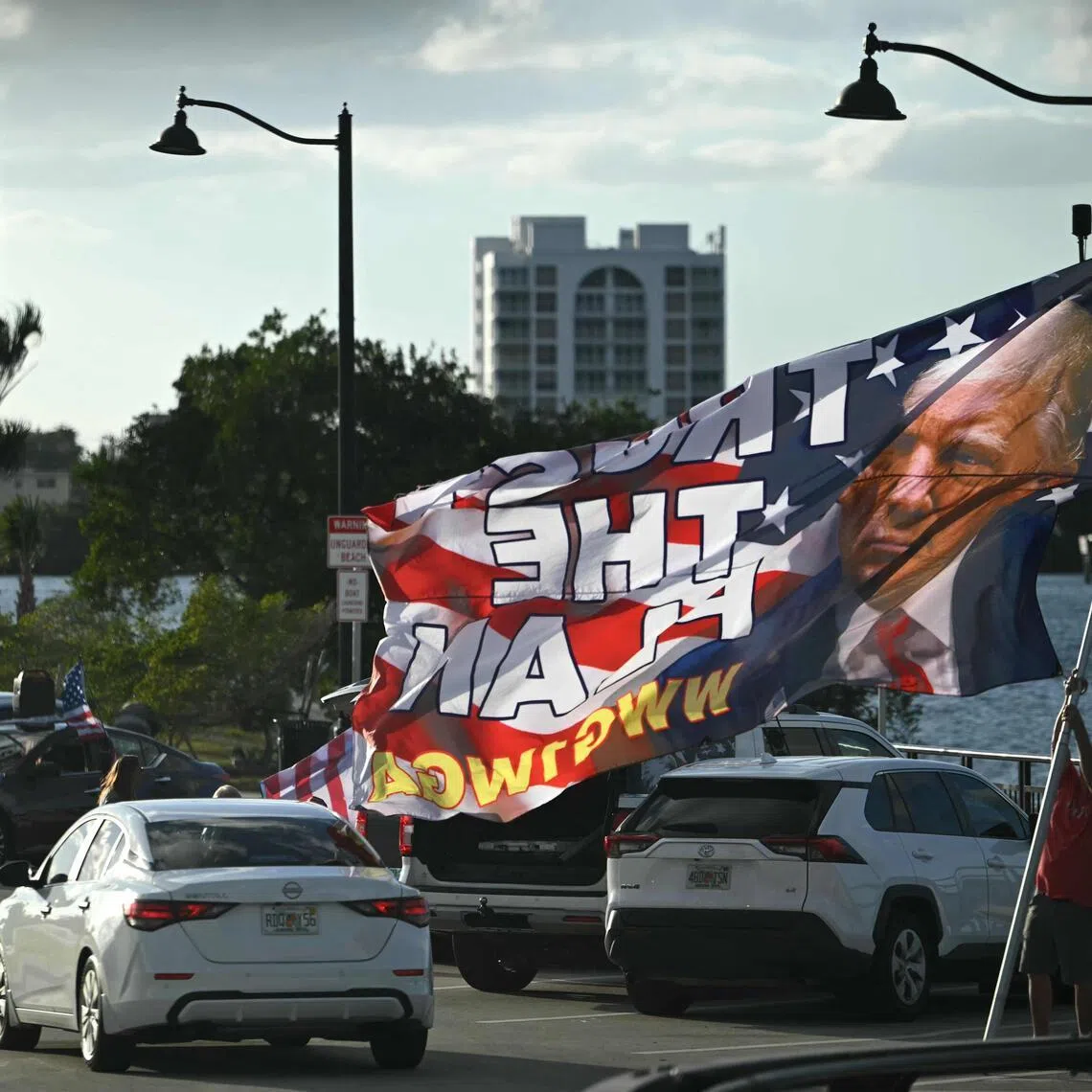 Supporters of US President Donald Trump display flags outside his Mar-a-Lago residence in Palm Beach, Florida, on Jan 16.