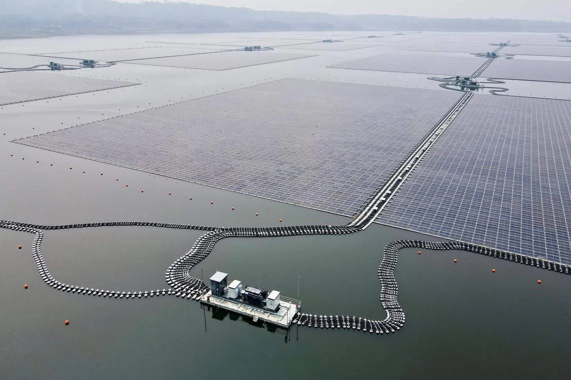 A newly built floating solar power plant at Cirata Reservoir in West Java, Indonesia.