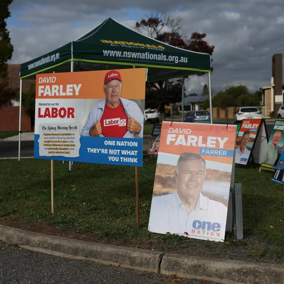 Campaign signs depicting One Nation candidate David Farley are displayed outside a pre-polling centre ahead of the Farrer by-election in Albury, Australia, May 6, 2026. REUTERS/Hollie Adams