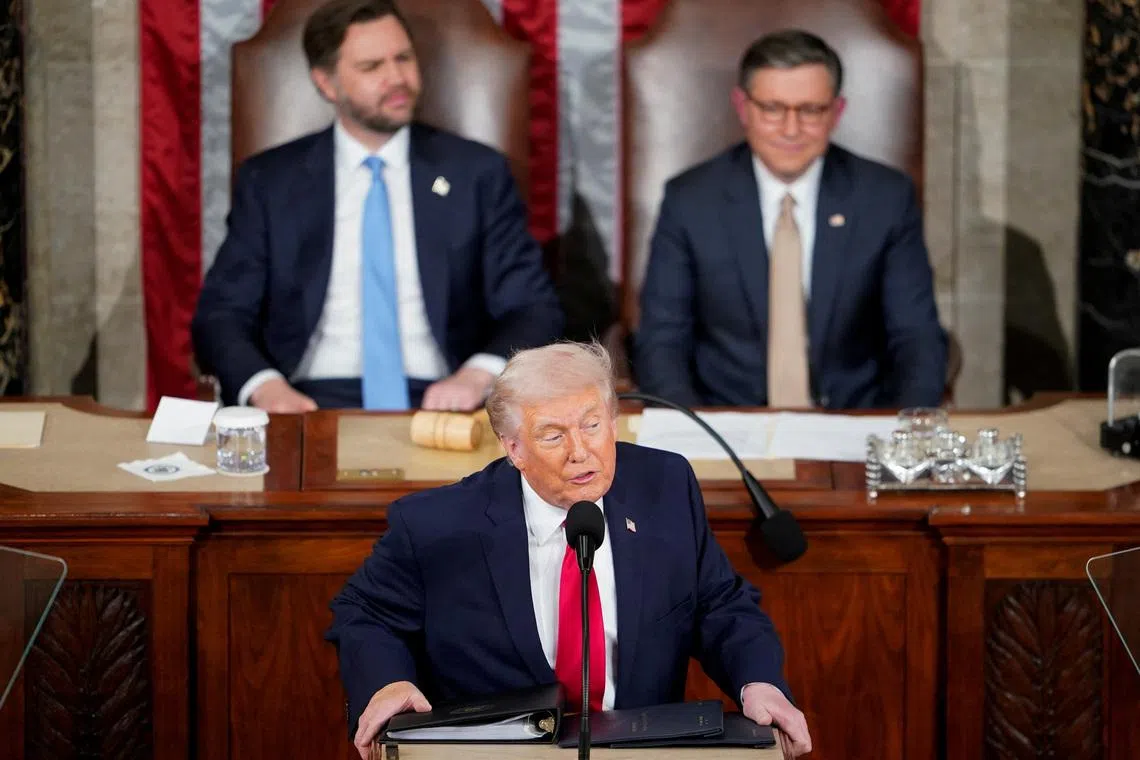 U.S. President Donald Trump delivers the State of the Union address in the House Chamber of the U.S. Capitol in Washington, D.C., U.S., February 24, 2026.  REUTERS/NATHAN HOWARD