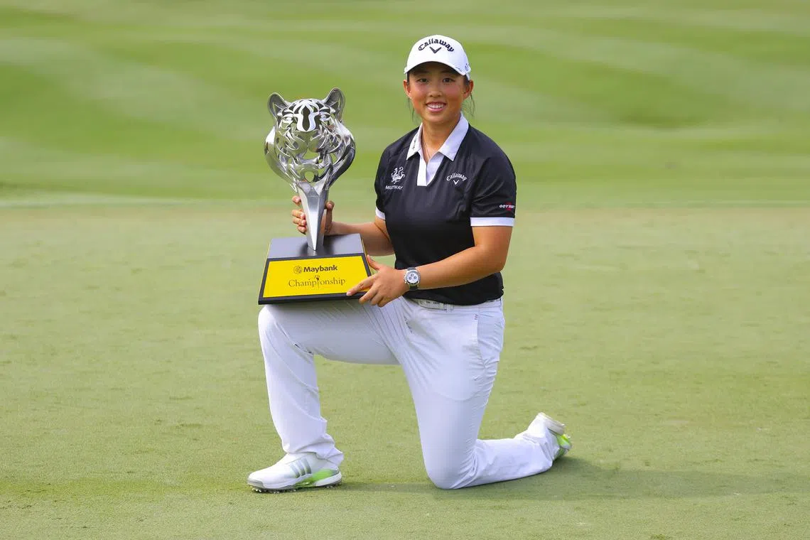 Yin Ruoning of China with the LPGA Maybank Championship trophy in Kuala Lumpur, Malaysia on Oct 27, 2024.