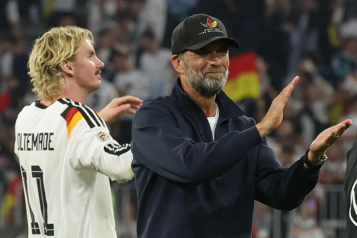 Former Liverpool manager Jurgen Klopp celebrating alongside Germany forward Nick Woltemade, after Germany beat Serbia 2-0 in the Nations League on Oct 1.