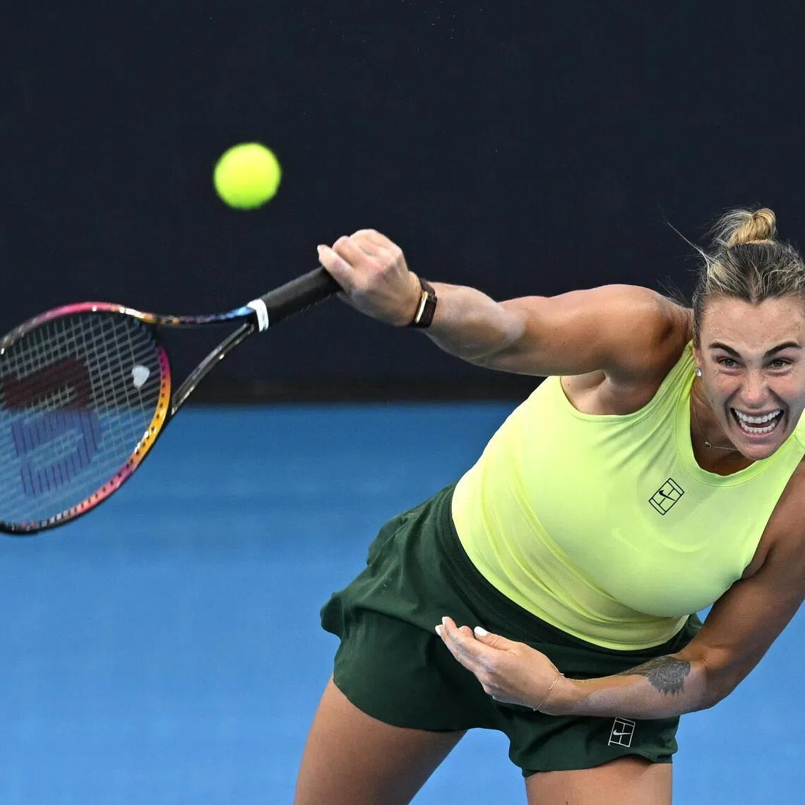 Aryna Sabalenka of Belarus in action during her 6-0, 6-1 win over Cristina Bucsa of Spain at the Brisbane International tennis tournament at Pat Rafter Arena in Brisbane, Australia, on Jan 6, 2026.