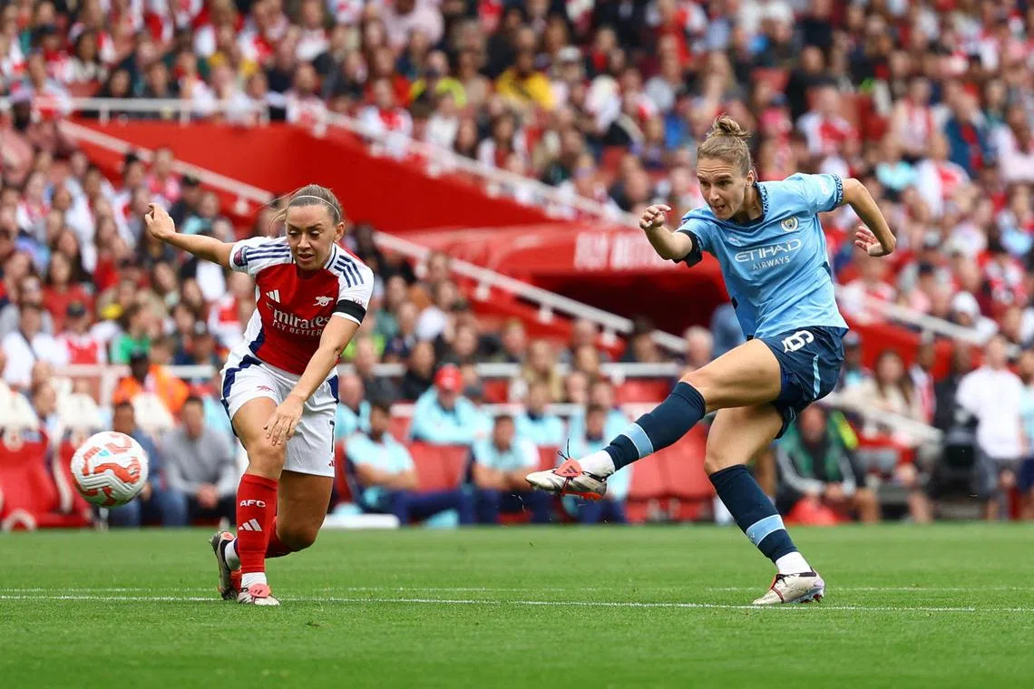 Manchester City's Vivianne Miedema (right) is among a group of over 100 professional women’s football players who on Oct 21 sent an open letter to Fifa urging the world governing body to end its partnership with oil and gas conglomerate Saudi Aramco.