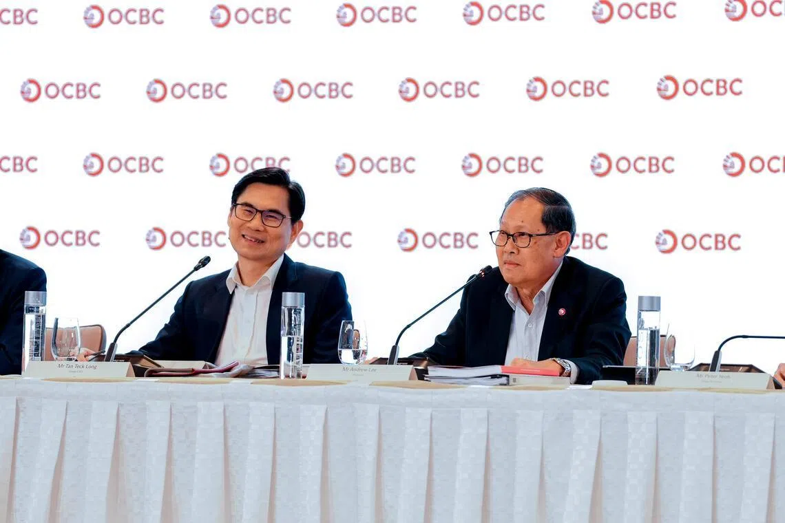 OCBC group CEO Tan Teck Long (left) and chairman Andrew Lee at the bank’s annual general meeting on April 16.