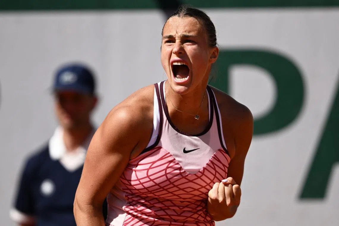 Belarus' Aryna Sabalenka reacts over a point at the French Open, while playing compatriot Iryna Shymanovich.