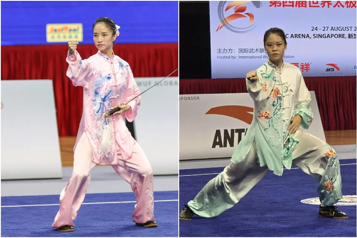 National wushu exponent Vera Tan (left) and Singapore's Charlotte Ng at the World Taijiquan Championships at the OCBC Arena.