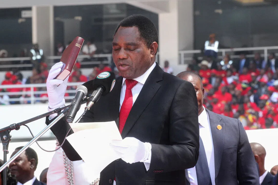 Zambia's President Hakainde Hichilema gestures during his swearing-in ceremony for a second term at National Heroes Stadium in Lusaka, Zambia, September 1, 2026. REUTERS/Jean Mandela