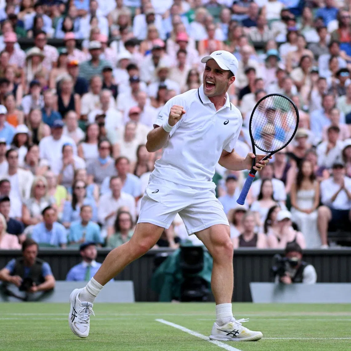 Tennis - Wimbledon - All England Lawn Tennis and Croquet Club, London, Britain - July 6, 2026 Britain's Arthur Fery celebrates during the fifth set tiebreak in his fourth round match against Bulgaria's Grigor Dimitrov REUTERS/Jaimi Joy