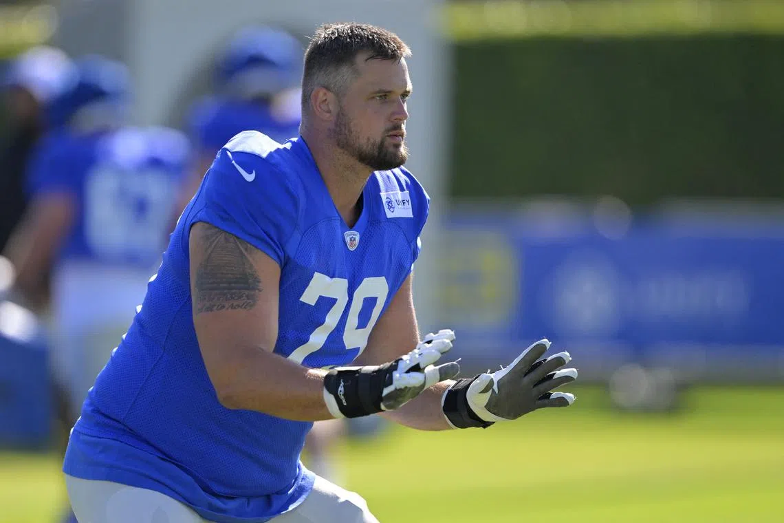 FILE PHOTO: Jul 29, 2024; Los Angeles, CA, USA; Los Angeles Rams offensive tackle Rob Havenstein (79) participates in drills during training camp at Loyola Marymount University. Mandatory Credit: Jayne Kamin-Oncea-USA TODAY Sports/File photo