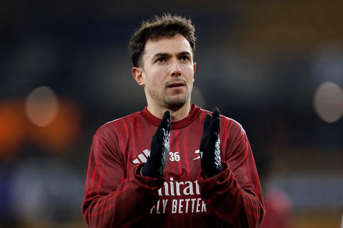 Soccer Football - Premier League - Wolverhampton Wanderers v Arsenal - Molineux Stadium, Wolverhampton, Britain - February 18, 2026  Arsenal's Martin Zubimendi during the warm up before the match Action Images via Reuters/Peter Cziborra