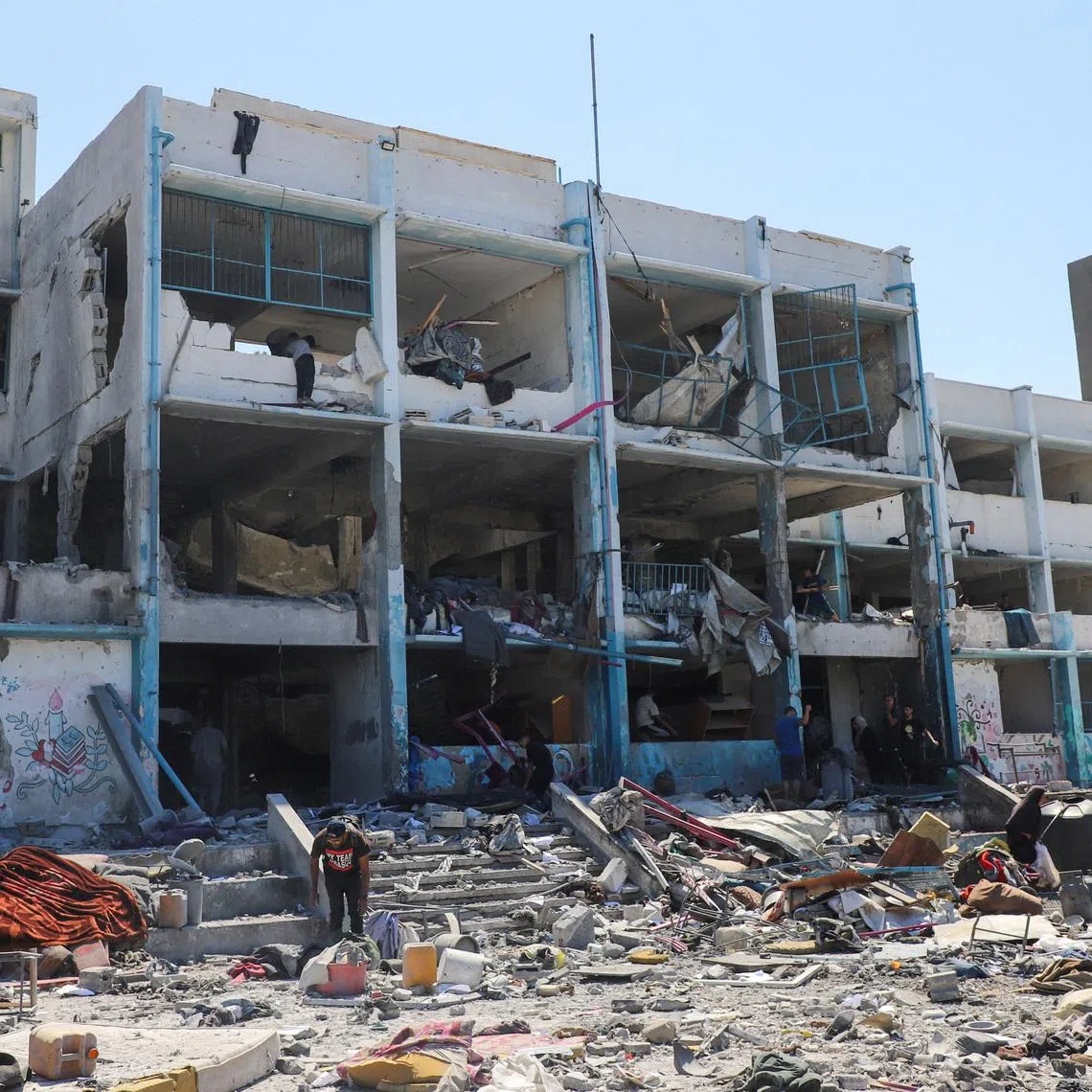 Palestinians inspect the site of evacuated UNRWA school following Israeli strikes, at al-Shati (Beach) refugee camp, in Gaza City, September 13, 2025. REUTERS/Ebrahim Hajjaj
