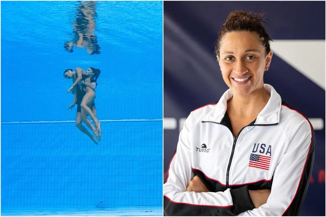 Anita Alvarez (left) being lifted from the bottom of the pool by her coach Andrea Fuentes after she fainted during the women’s solo free artistic swimming final of the 2022 World Aquatics Championships.