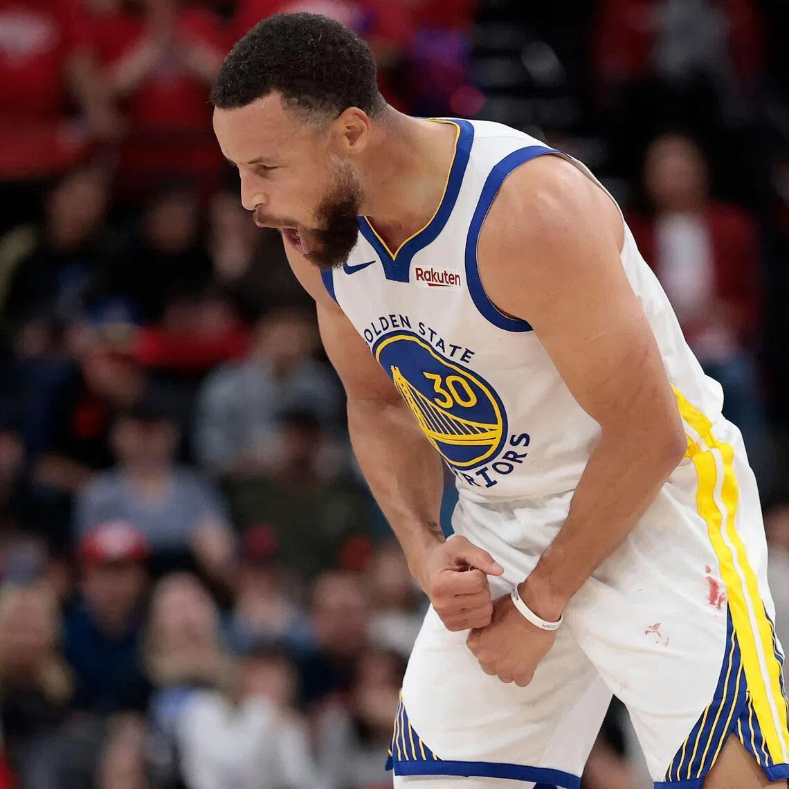 Stephen Curry of the Golden State Warriors reacting during the 126-121 NBA play-in win over the Los Angeles Clippers at Intuit Dome on April 15, 2026, in Inglewood, California.