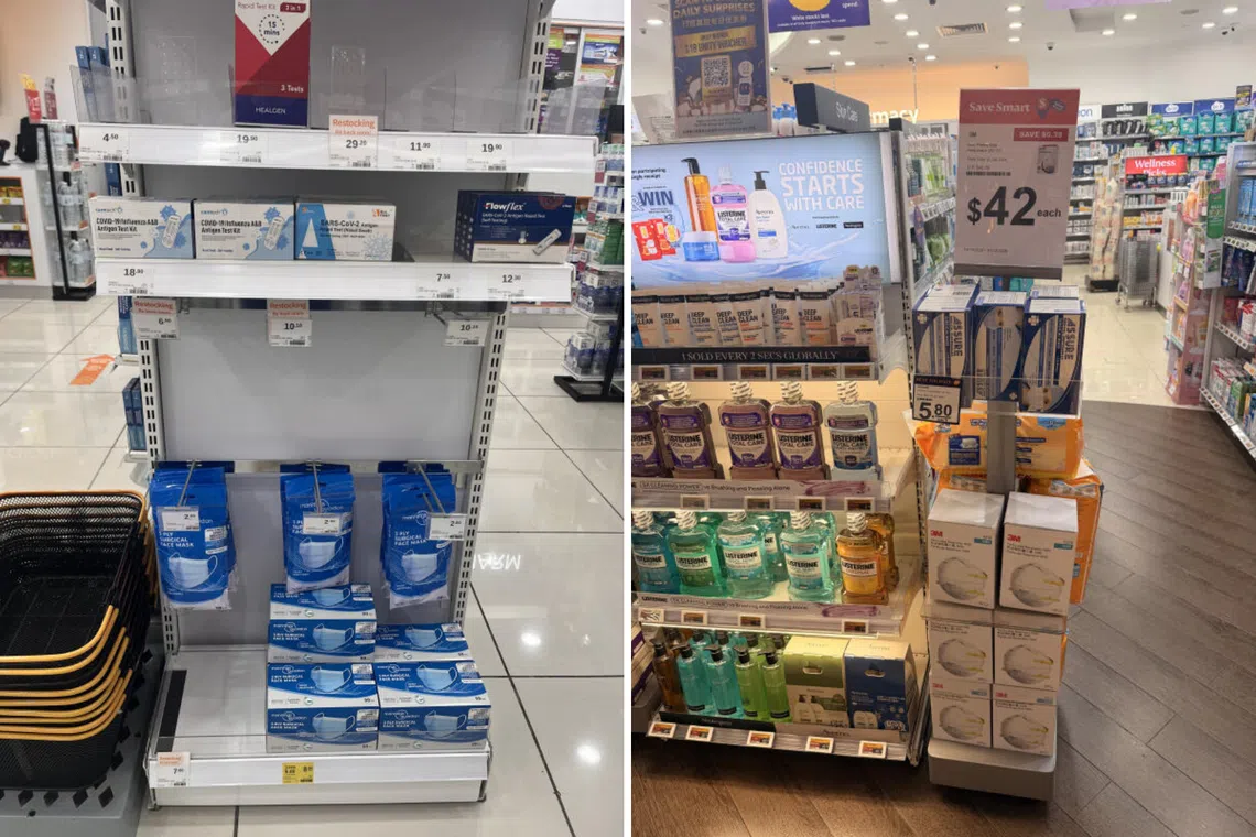 In stores, Guardian customers are limited to two boxes of surgical masks, and five pieces of N95 masks per person each day.