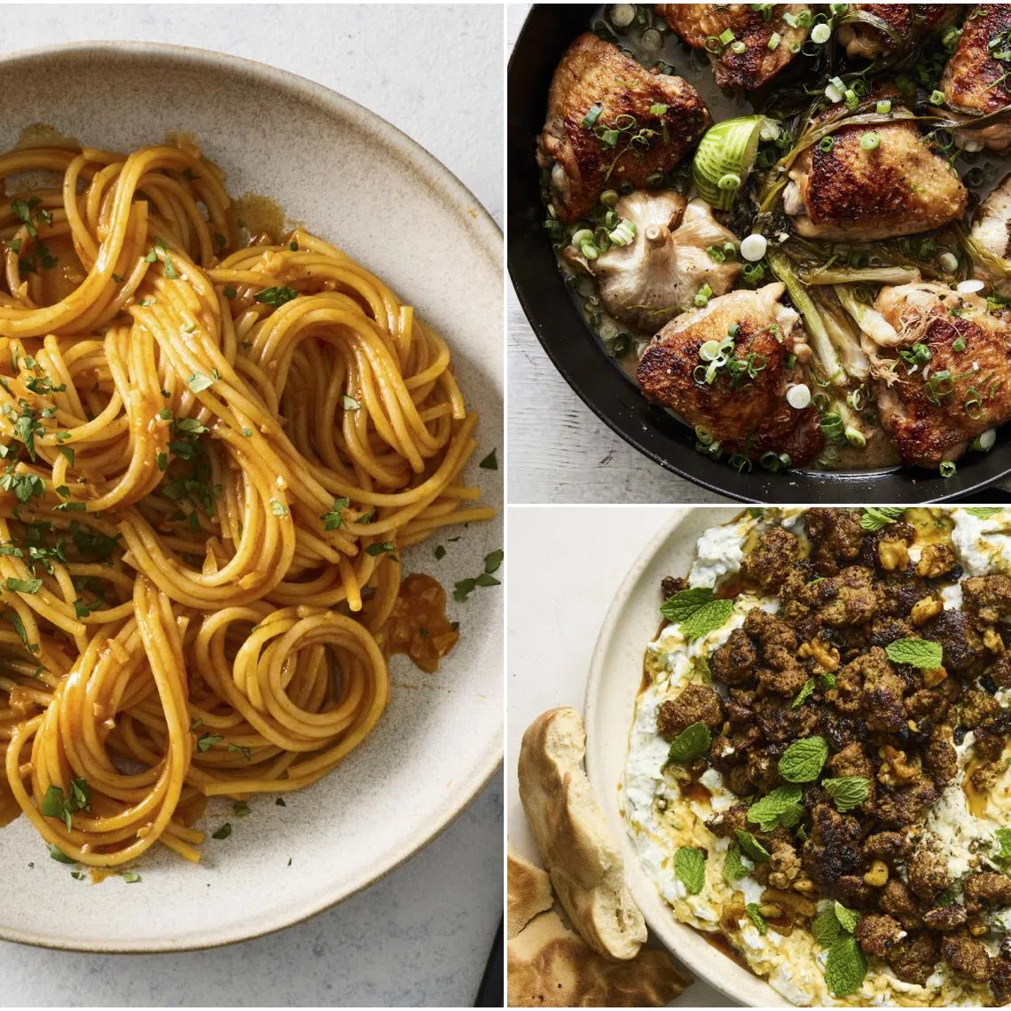 Try these recipes for (clockwise from left) gochujang buttered noodles, garlicky chicken thighs and spiced, seared ground beef.