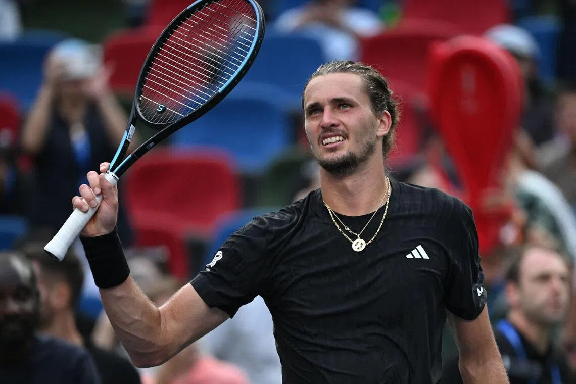 Germany’s Alexander Zverev reacting after his 6-4, 6-4 victory against France's Valentin Royer during their men's singles match at the Shanghai Masters tennis tournament in Shanghai on Oct 4, 2025.