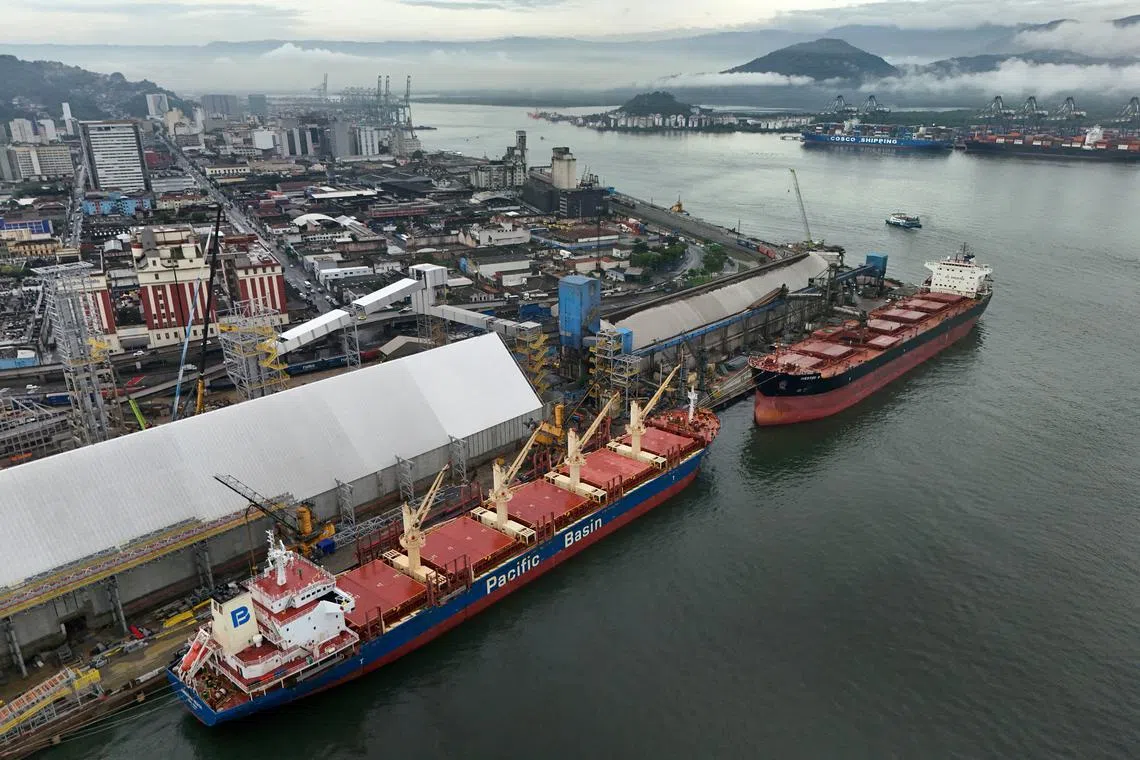 FILE PHOTO: A drone view shows the construction site of COFCO International terminal STS11 for storage and export of soybeans in the port of Santos, state of Sao Paulo, Brazil January 31, 2025. REUTERS/Roosevelt Cassio/File Photo