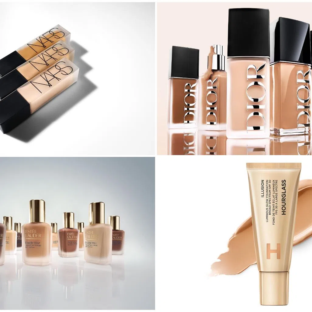 (Clockwise from top left) Nars Natural Matte Longwear Foundation, Dior Forever Skin Glow Foundation, Hourglass Illusion Luminous Glow Foundation, and Estee Lauder Double Wear Foundation.