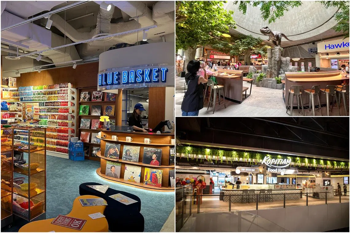 (Clockwise from left) Market Blue at Tanglin Mall,  Jurassic Nest food hall at Gardens by the Bay and Kopitiam Food Hall at Jem. 