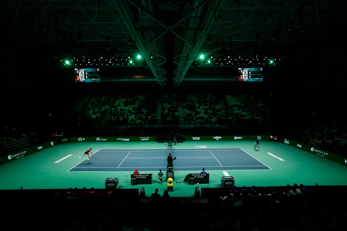Tennis - Davis Cup - Final 8 - France v Belgium - Unipol Arena, Bologna, Italy - November 18, 2025 France's Arthur Rinderknech in action during his singles match against Belgium's Zizou Bergs REUTERS/Alessandro Garofalo
