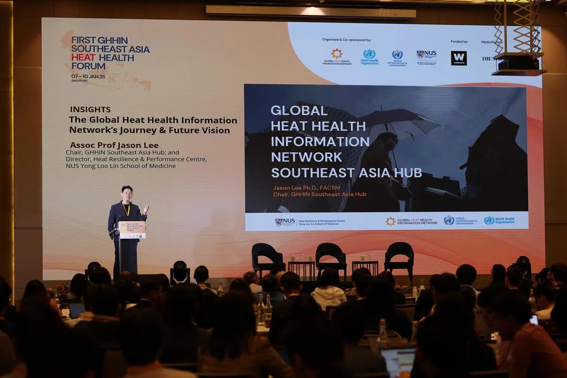Assoc Prof Jason Lee, chair of the GHHIN South-east Asia Hub outlining the hub's priorities at the GHHIN South-east Asia Heat Health Forum at Parkroyal Beach Road on Jan 7, 2025. 