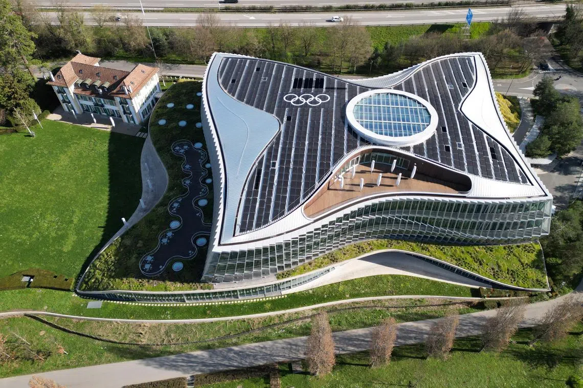 Drone view of the International Olympic Committee (IOC) headquarters in Lausanne, Switzerland, March 19, 2024. REUTERS/Denis Balibouse/File Photo