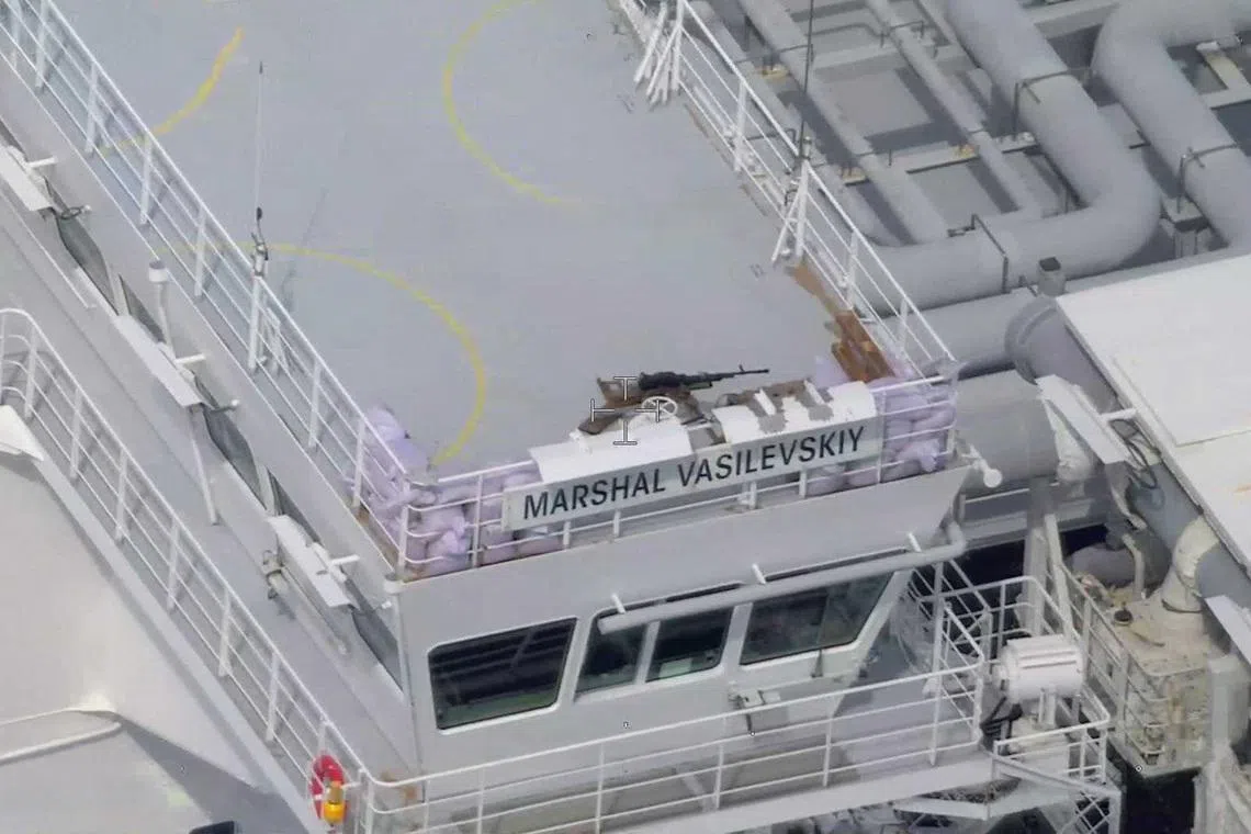 A machine gun on a sandbag-protected post on the civilian Russian-flagged LNG tanker Marshal Vasilevskiy in this undated handout picture, which Estonia's Police and Border Guard said was taken as the vessel was in Estonia's vicinity this spring.   ESTONIAN POLICE AND BORDERGUARD/Handout via REUTERS