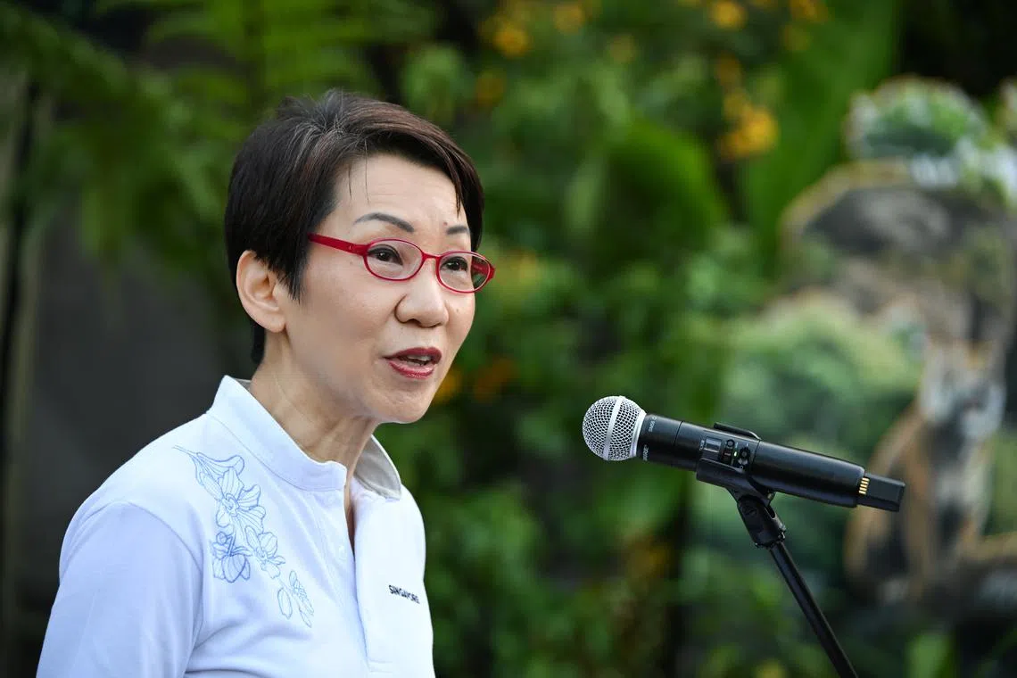 Minister for Sustainability and the Environment Grace Fu  speaking to the media on the sidelines of the official opening of Rainforest Wild Asia on March 12.