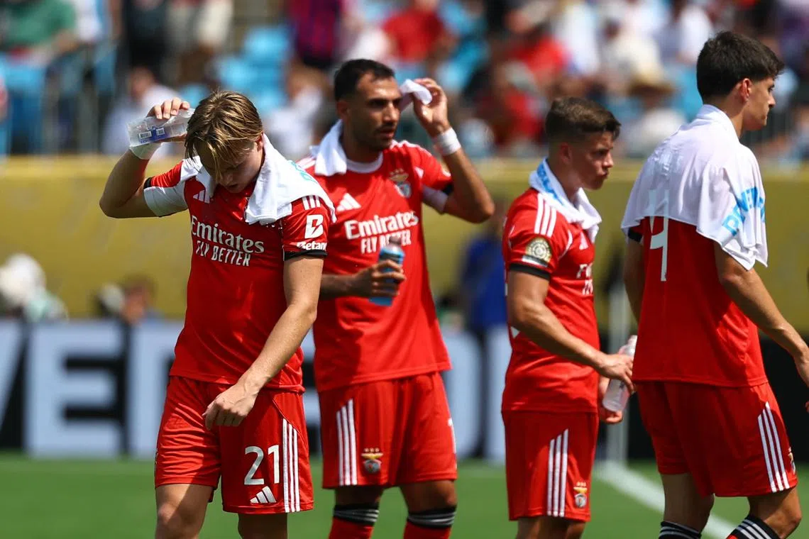 Benfica's Andreas Schjelderup pours water on his face to cool down during a break in play.