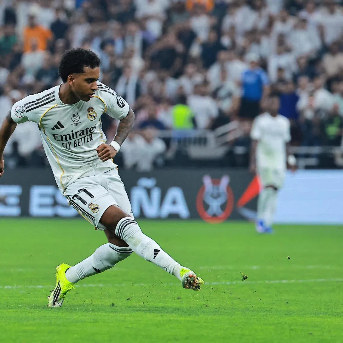 Soccer - Spanish Super Cup - Semi Final - Atletico Madrid v Real Madrid - King Abdullah Sports City, Jeddah, Saudi Arabia - January 8, 2026 Real Madrid's Rodrygo scores their second goal REUTERS/Stringer