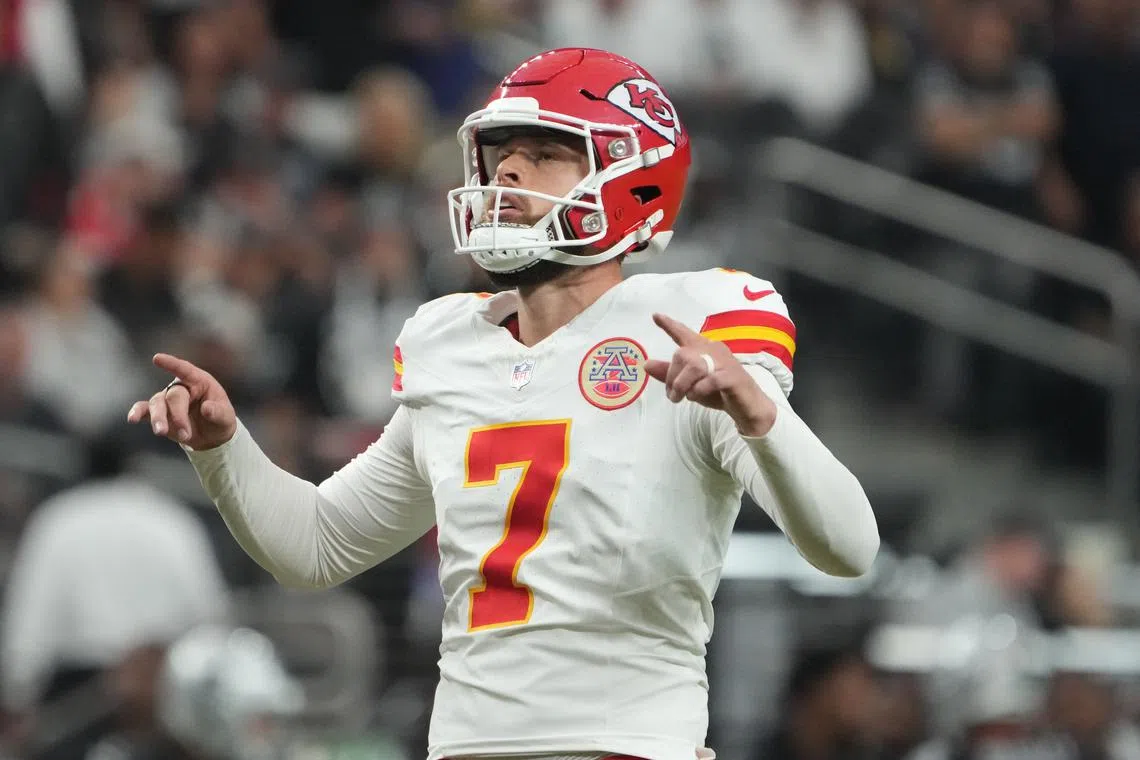 Oct 27, 2024; Paradise, Nevada, USA; Kansas City Chiefs place kicker Harrison Butker (7) reacts after a field goal against the Las Vegas Raiders in the second half at Allegiant Stadium. Mandatory Credit: Kirby Lee-Imagn Images/ File Photo