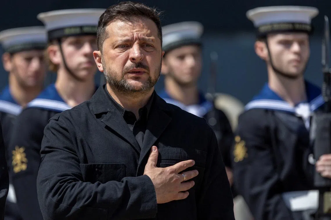 President of Ukraine, Volodymyr Zelensky, during his visit to Portsmouth Naval Base to meet UK and Ukrainian troops and deliver joint remarks on board the HMS Queen Elizabeth aircraft carrier, on July 27.
