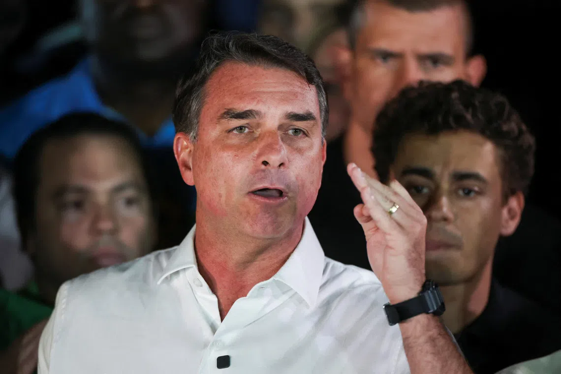 Flavio Bolsonaro speaking in Brasilia on Oct 25, after losing the presidential runoff election.