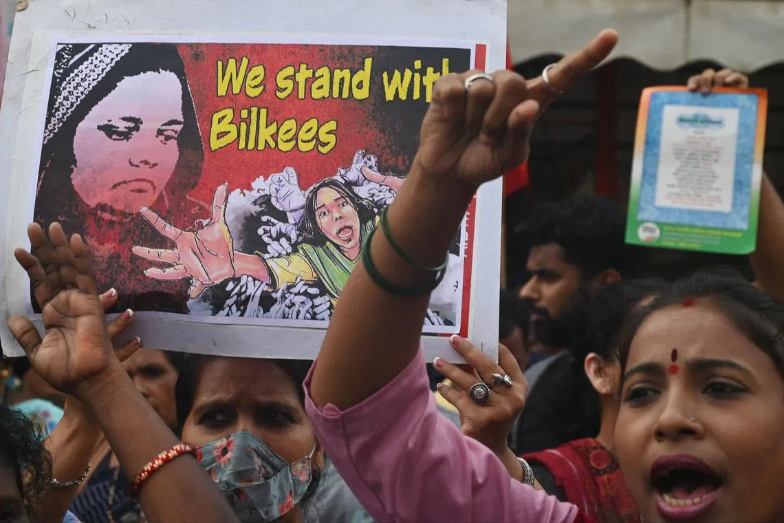 Women protesting against the release of men convicted of gang-raping Ms Bilkis Bano in 2002, in Mumbai in August 2022.