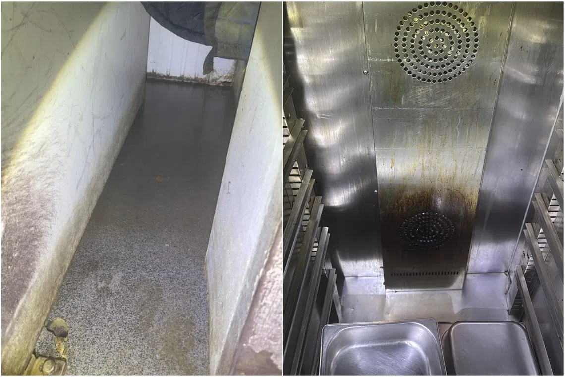 Food safety lapses identified during a joint inspection of Stamford Catering’s premises include stagnant water found outside a walk-in chiller (left) and a dirty food warmer.