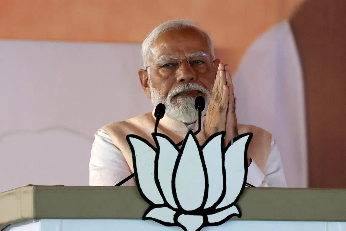FILE PHOTO: India's Prime Minister Narendra Modi speaks during an election campaign rally in Meerut, India, March 31, 2024. REUTERS/Anushree Fadnavis/File Photo
