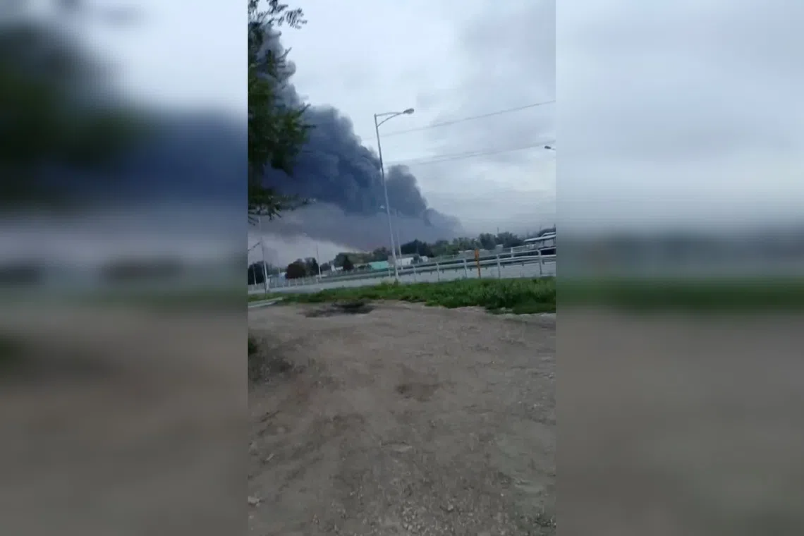 Smoke rising from a fire at an oil refinery in Samara, Russia, following a Ukrainian drone attack in August 2025.