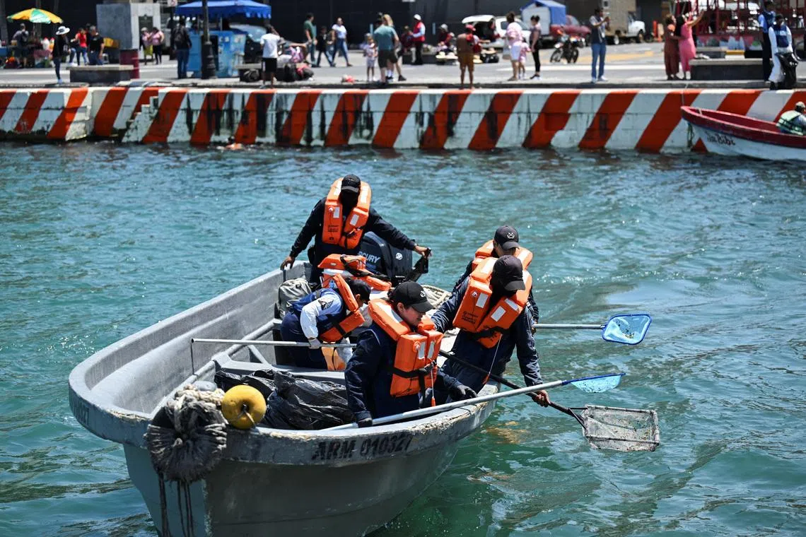 Members of the Mexican navy clean black tar slicks from the shoreline, amid local fears that more crude oil could wash ashore nearly a month after the first signs of contamination were detected in the states of Veracruz and Tabasco, in Veracruz, Mexico, March 26, 2026. REUTERS/Yahir Ceballos